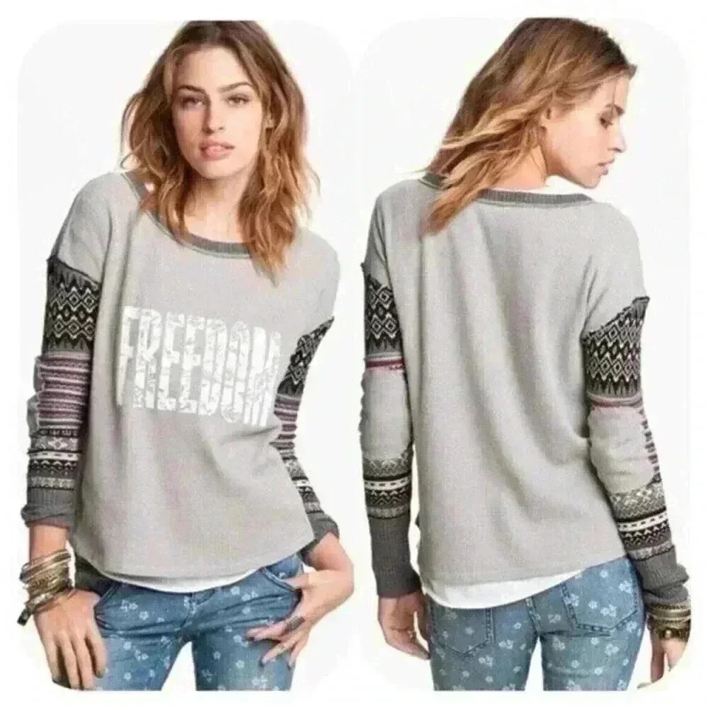 we the free “freedom” thermal top grey waffle knit NWT size small